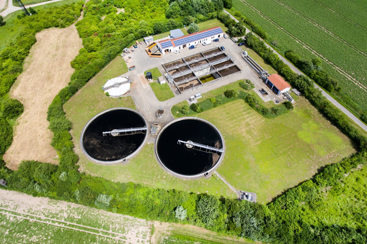 Sewage treatment plant - waste water purification, aerial view